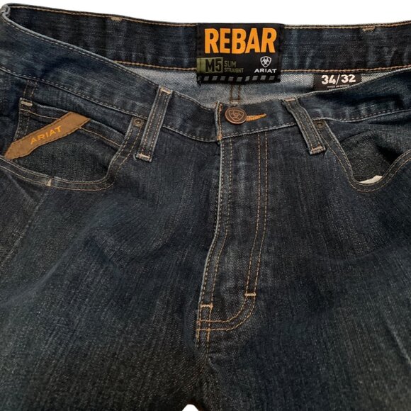 Ariat Rebar M5 Slim Straight Denim Jeans 34x32 Dark Wash Heavy-Duty Workwear